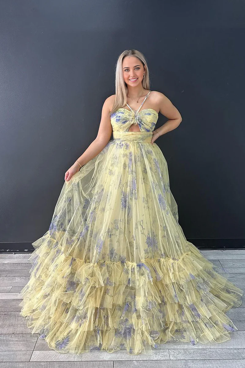 A-Line Floral Printed Halter Keyhole Long Prom Dresses